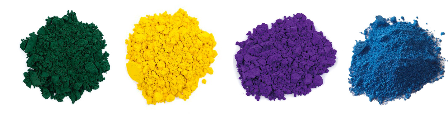 Pigments vert cobalt, jaune cobalt, violet cobalt et bleu cobalt.
