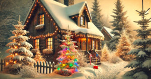 Chalet enneigé et sapins illuminés de lumières DEL