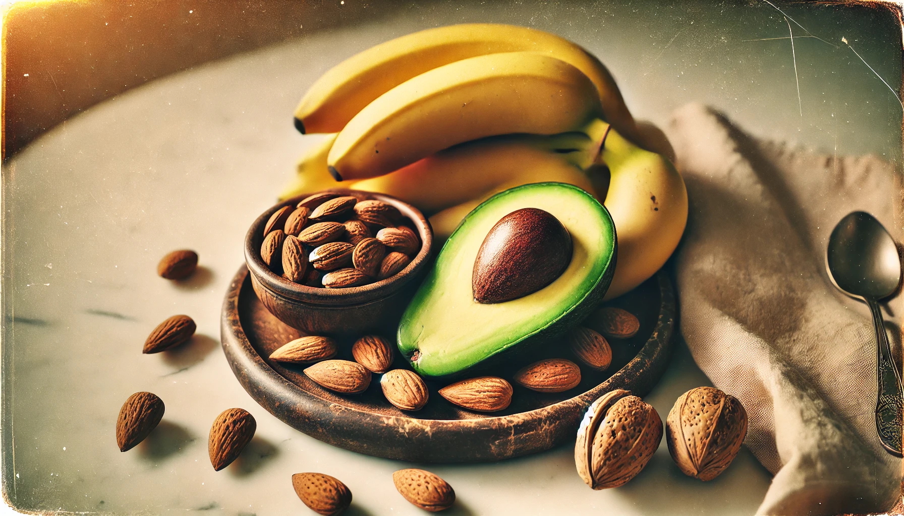 Bananes, avocat et amandes, aliments qui contiennent du magnésium.